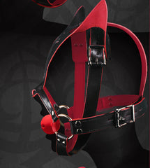 Leather Canine Cat Mask with Silicone Ball Gag and Ears Hood