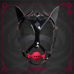 Leather Canine Dog Mask with Silicone Ball Gag and Ears Hood