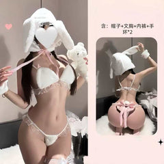 Fluffy cute bunny girl three-piece lingerie set