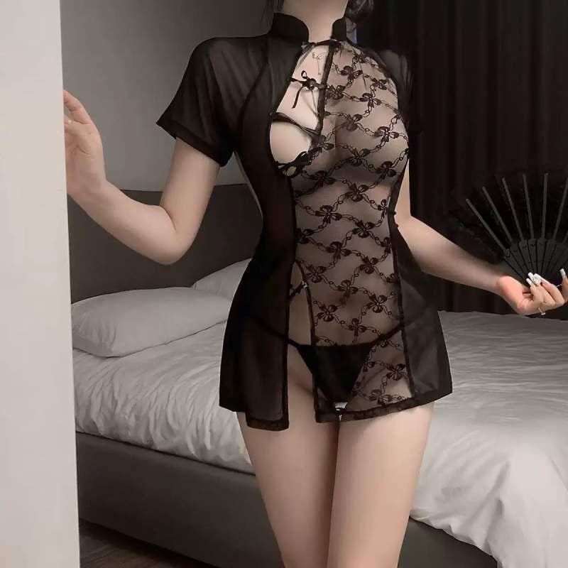 Lace&mesh paneled sheer nightgown