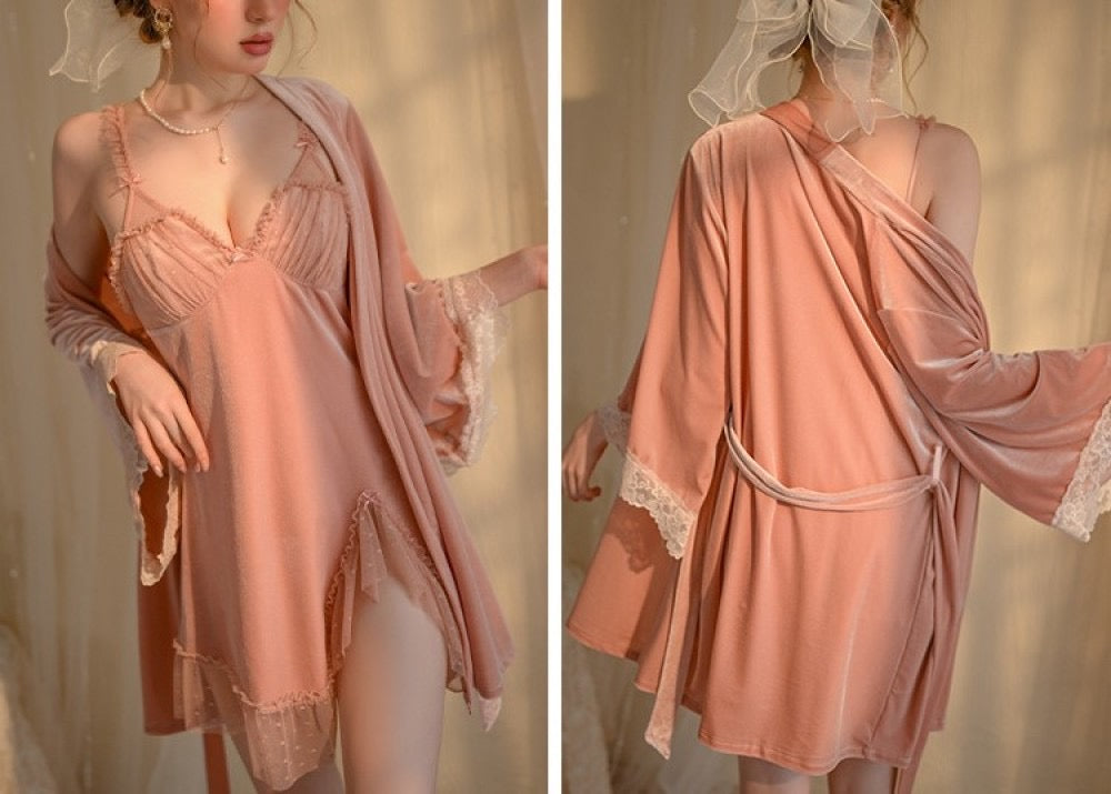 Velvet slip Dress+ Robe Set