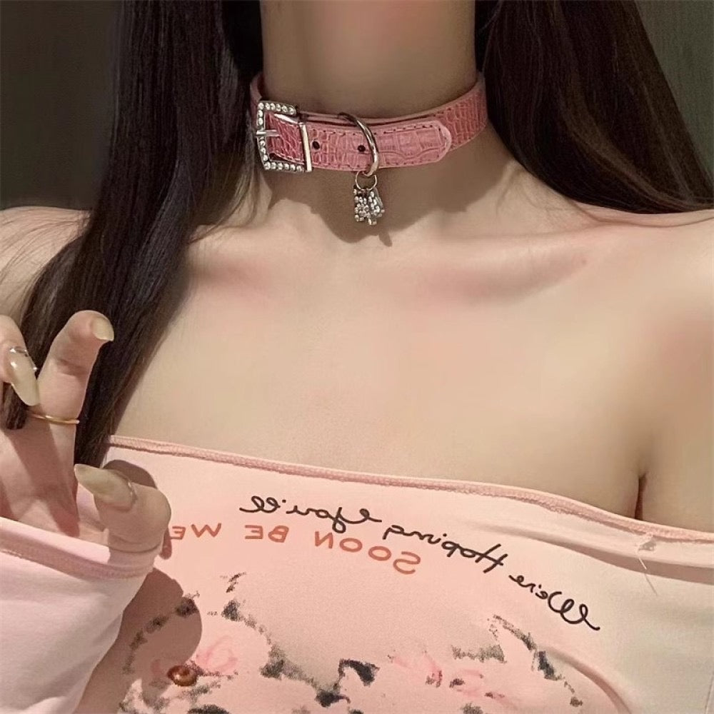 Crystal Pink leather collar